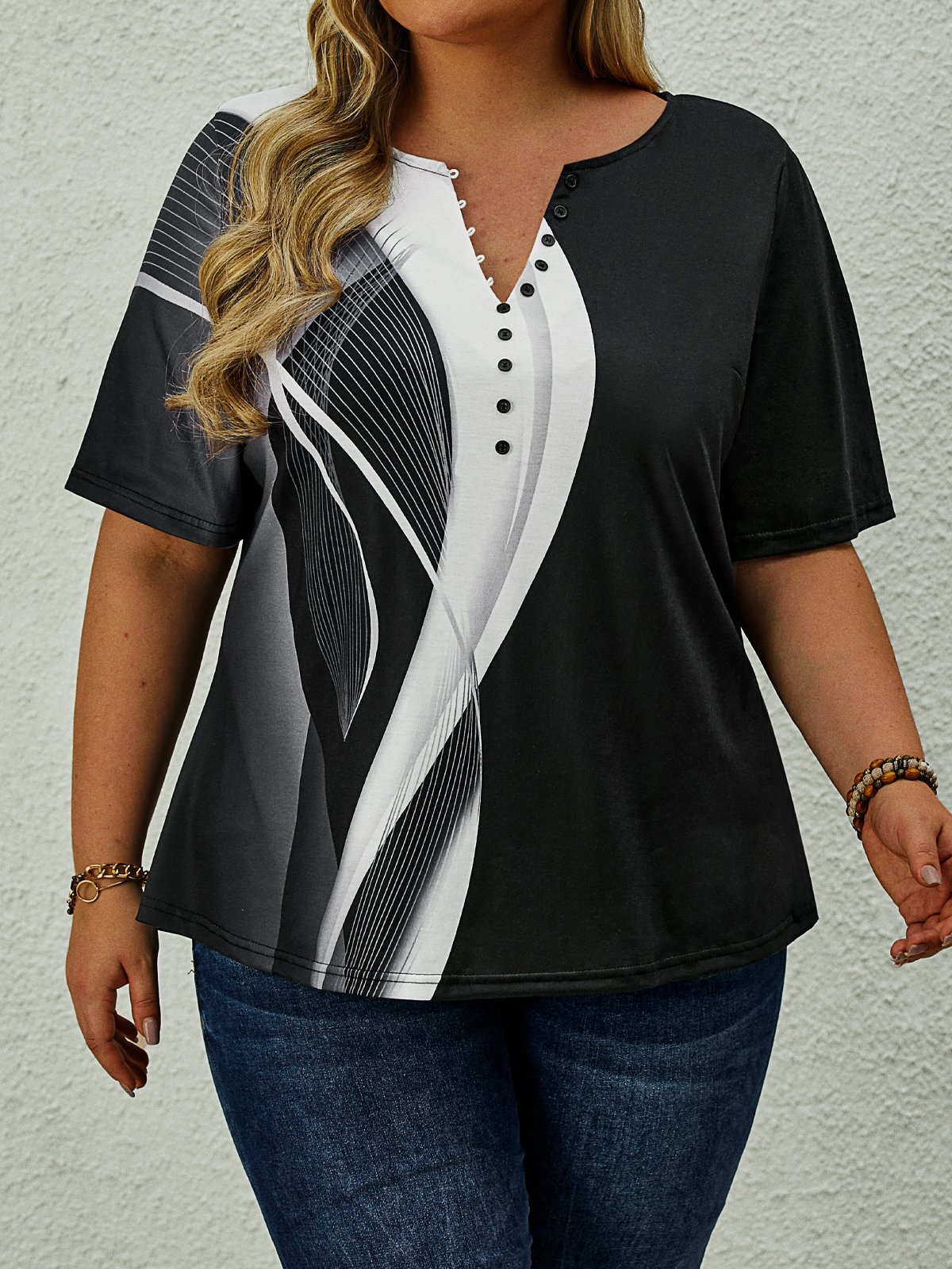 Plus Size Geometric Jersey Others Casual T-Shirt