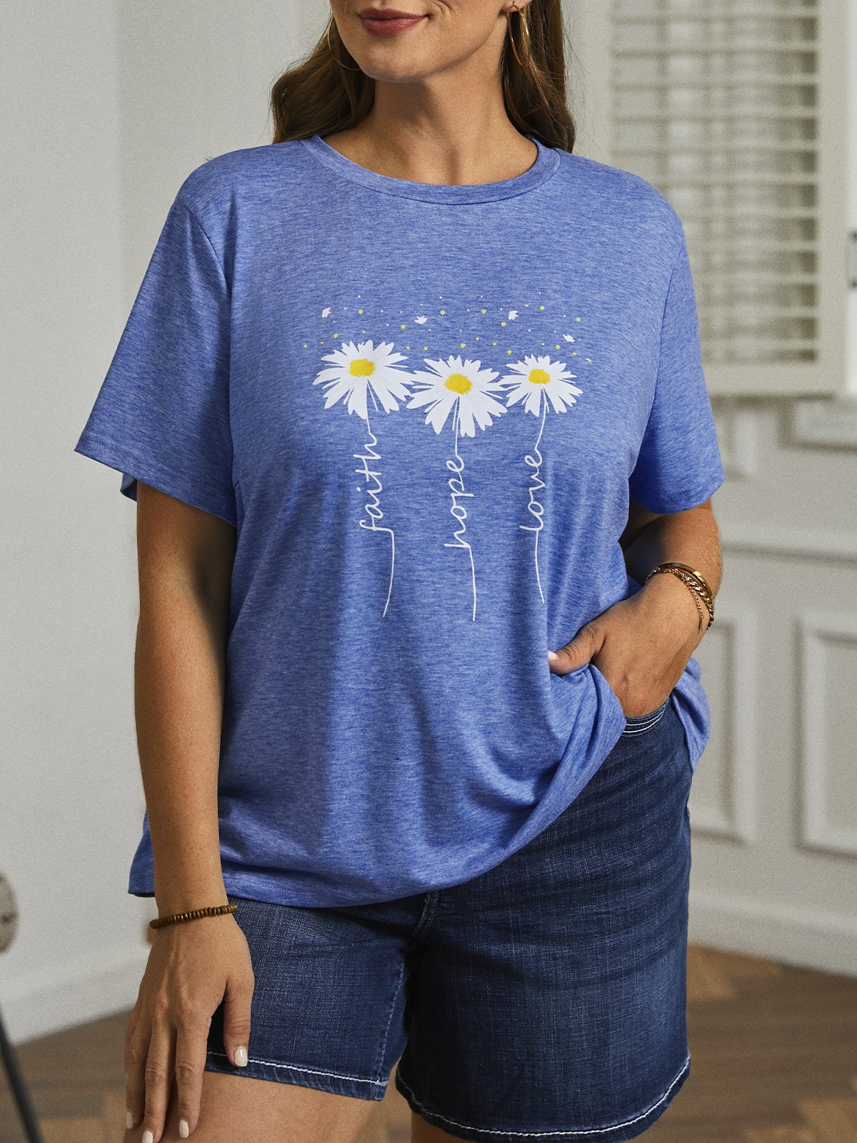 Plus Size Loose Casual Daisy Jersey T-Shirt