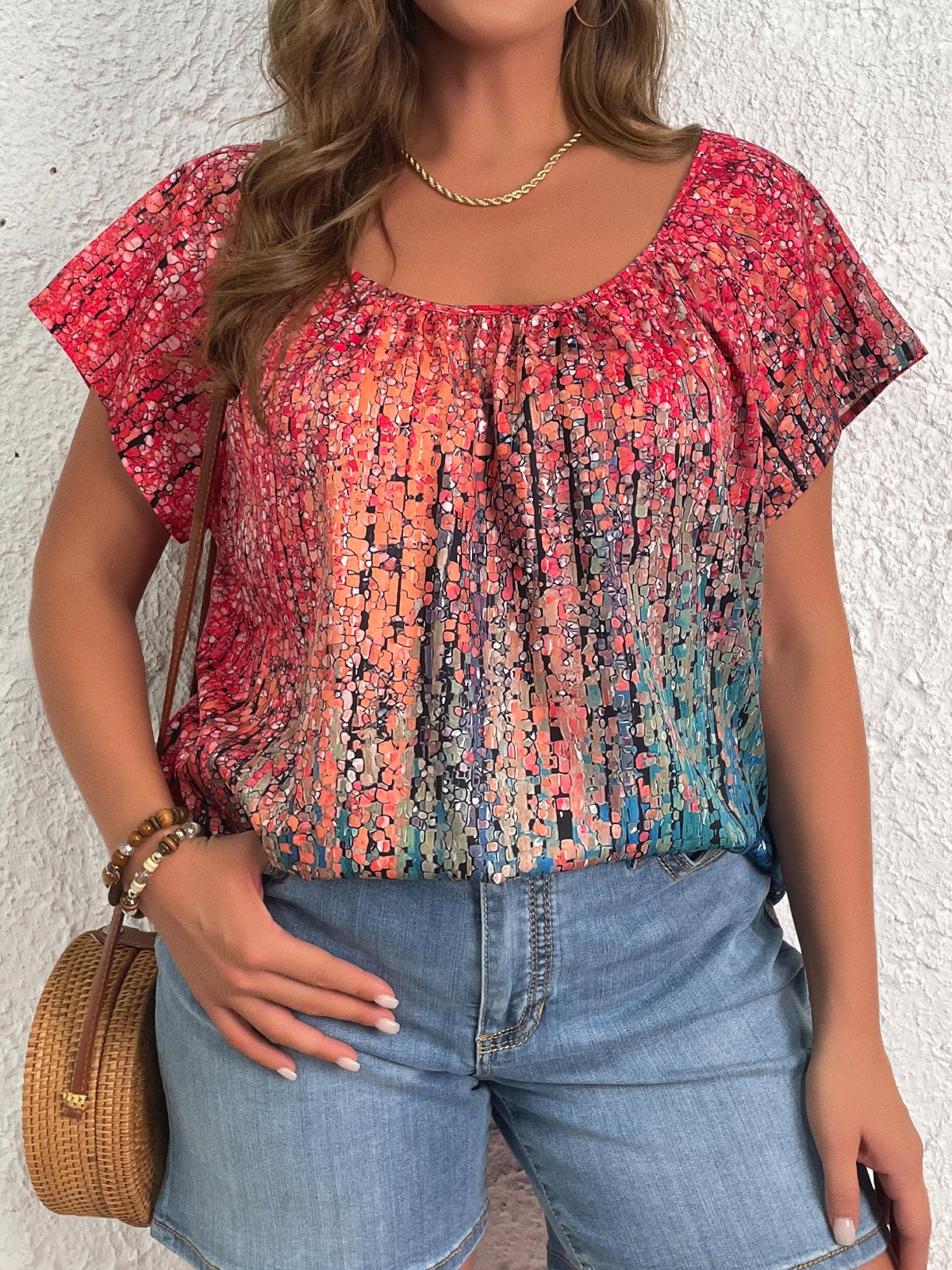 Plus Size Casual Ombre Loose Crew Neck Shirt