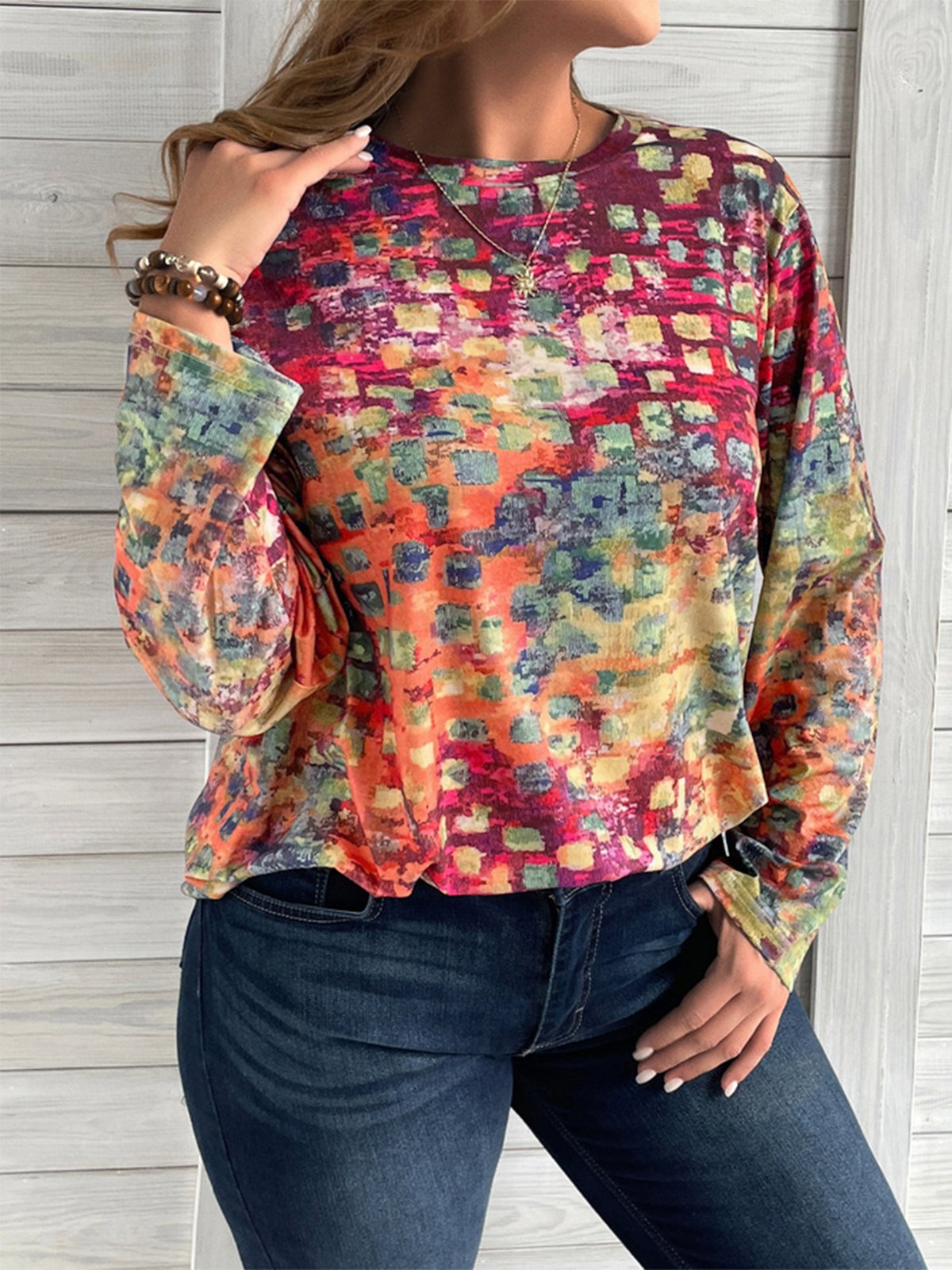 Plus Size Loose Abstract Long sleeve Casual T-Shirt