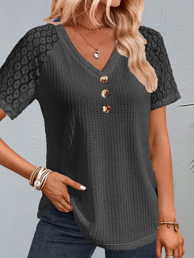 V Neck Buckle Polyester Cotton Casual Shirt