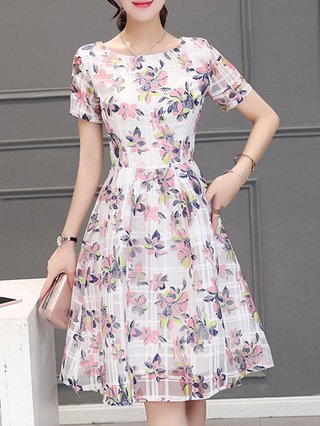 Women White A Line Daily Short Sleeve Printed Fl Dress Women White A Line Daily Short Sleeve Printed Fl Dress
