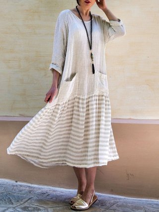 Crew Neck Women Maxi Dresses Daytime Striped Plus Size Dresses