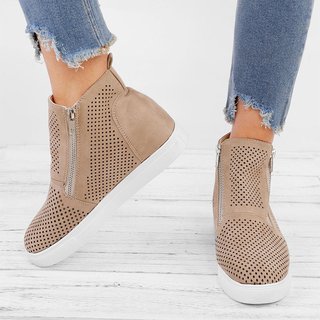 Popjulia Breathable Hollow Out Wedges Sneakers Zipper Casual Wedge