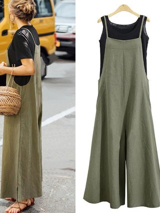 Pockets Linen Casual Solid Plus Size Jumpsuit Popjulia Com