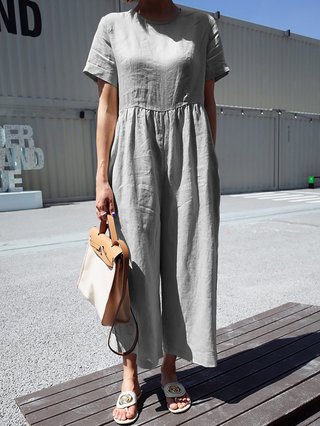 Popjulia Solid Short Sleeve Casual Romper Back Zip Jumpsuit