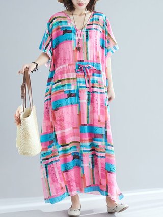 Batwing Short Sleeve V Neck Shift Casual Striped Maxi Dresses