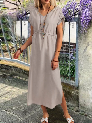 V Neck Women Beige Maxi Dresses Daytime Casual Linen Maxi Dresses