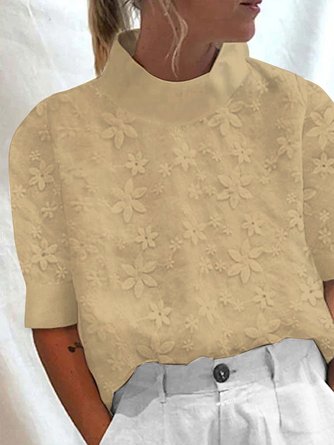 Women's Cotton Linen Lace Lapel Button Down Short Sleeve Shirt