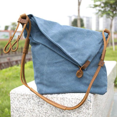 Women Vintage Messenger Bag Genuine Leather Canvas Crossbody Tribal Rucksack