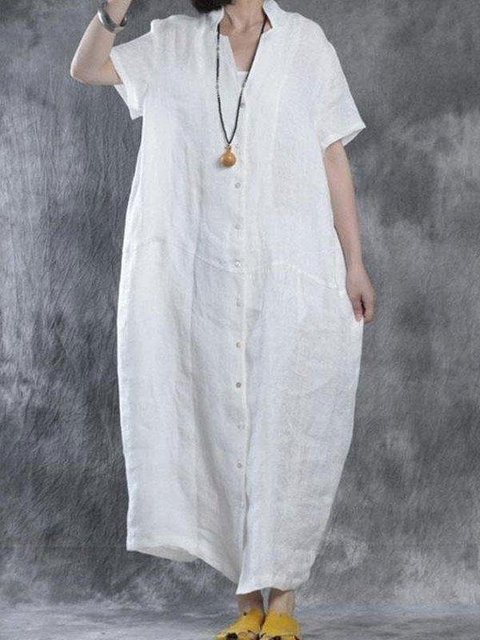 Plus Size Stand Up Neck Women White Dress Shift Daily Casual Slit Short Sleeve Maxi Linen Dress Popjulia Com