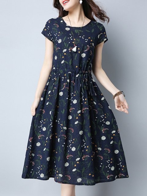 Popjulia Crew Neck Women Dark Blue Dress A Line Short Sleeve Crew Neck Women Dark Blue Dress A Line Daytime Printed Fl