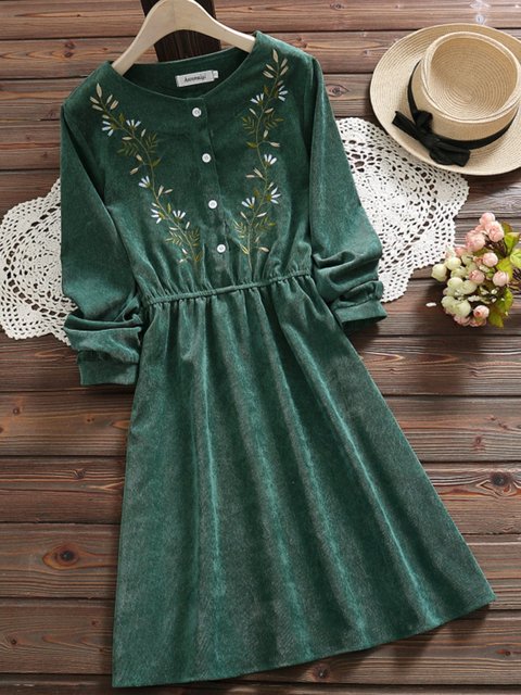 Crew Neck Women Green Dresses A Line Date Casual Floral Dresses
