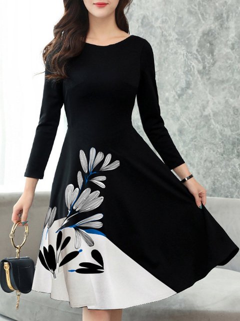 Crew Neck Women Black Dresses A Line Date Elegant Cotton Paneled