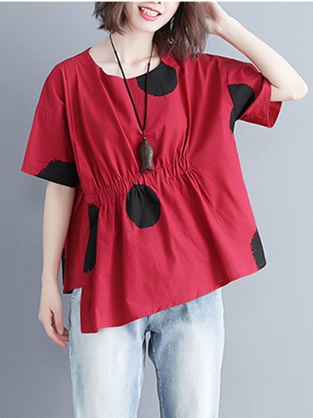Polka Dots Casual Crew Neck Asymmetric T Shirt Popjulia Com