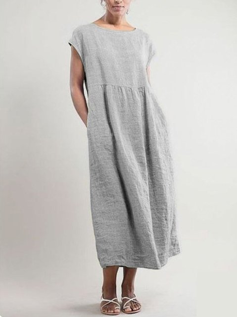 Crew Neck Women Maxi Dresses Shift Daily Casual Pockets Solid Plus