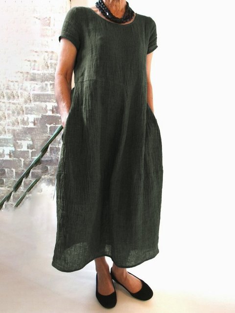 Crew Neck Women Maxi Dresses Shift Daytime Casual Pockets Solid