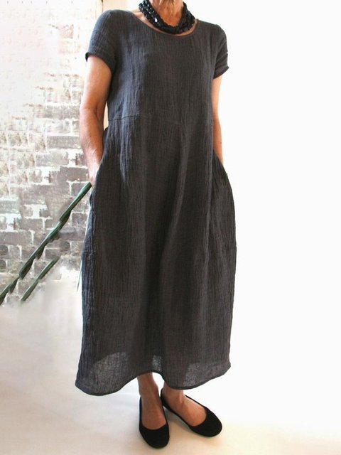 Crew Neck Women Maxi Dresses Shift Daytime Casual Pockets Solid