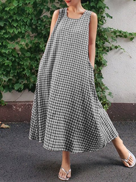 Plus Size Women Dresses Cocoon Daytime Cotton Checkered Plaid