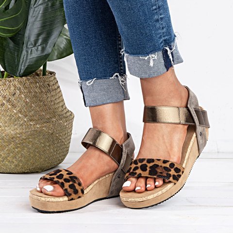 Popjulia Sandals Wedge Heel Casual Brown Open Toe Sandals