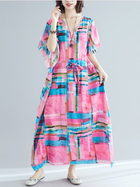 Batwing Short Sleeve V Neck Shift Casual Striped Maxi Dresses