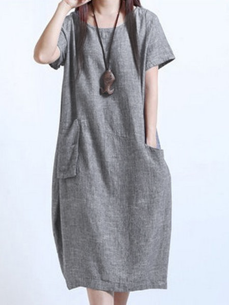 Popjulia Crew Neck Women Dress Cocoon Daytime Dress Short Sleeve
