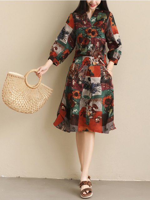 Stand Collar Women Midi Dresses Two Piece Daily Buttoned Midi
