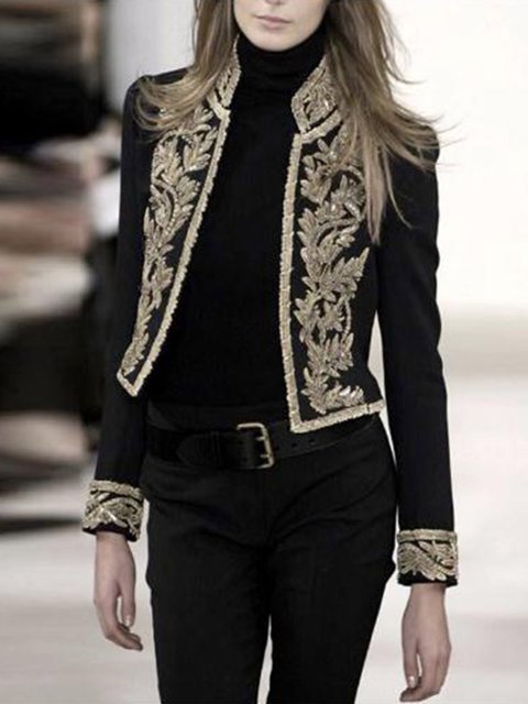 Black Leaf Embroidered Vintage Stand Collar Jackets Popjulia Com