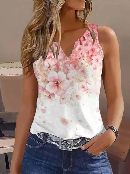 Casual Notched Jersey Floral T-Shirt