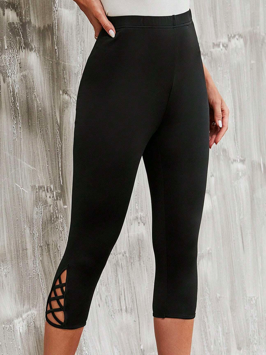 Plain Casual Criss Cross Hem Capris Leggings